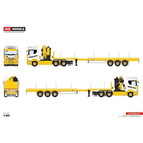 WSIModels 1/50 スカニア R NORMAL CR20N 6X4 FLATBED TRAILER/3 AXLE WITH PALFINGER PK 65002 SH + JIB Mediaco